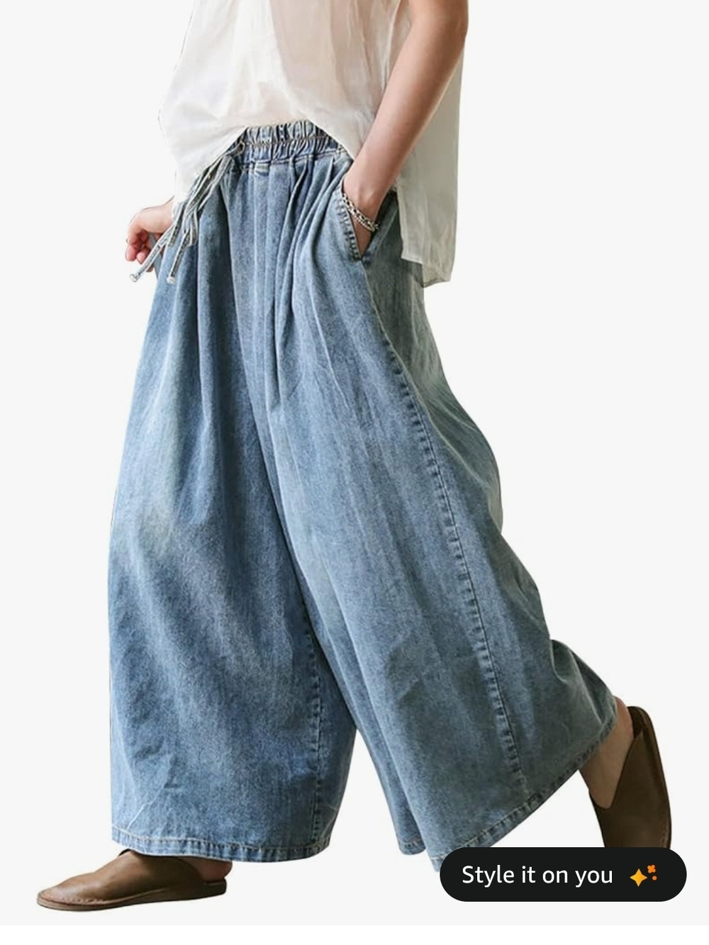 Wide Leg Drawstring Denim Palazzo Pants - Light Blue Size Large